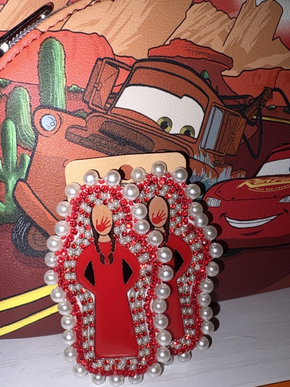 Red Beaded MMIW Woman Earrings with Pearl Trim